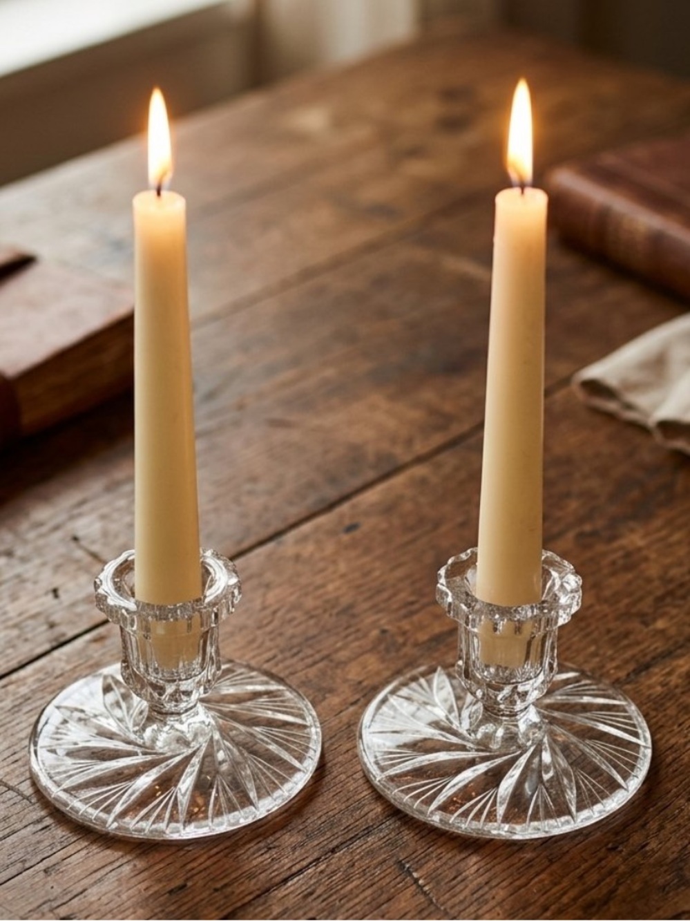 Vintage pinwheel crystal candle holders 
distinct starburst pattern on the base